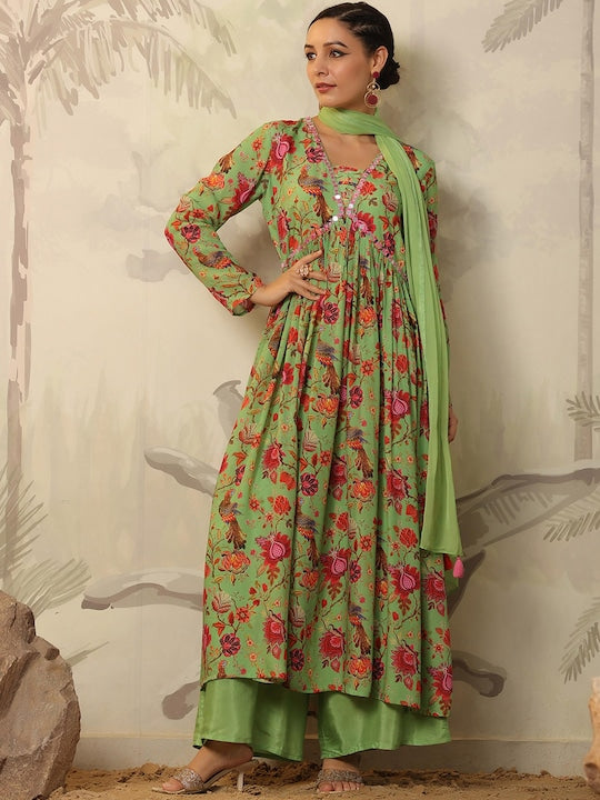 Scakhi Floral Printed V-Neck Mirror Work Kurta with Trousers & Dupatta
