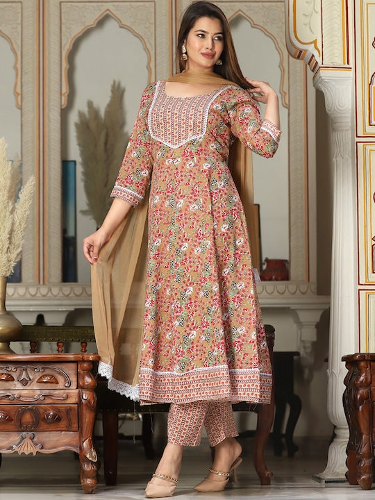 Singni Floral Printed Mirror Work Anarkali Kurta With Trousers & Dupatta