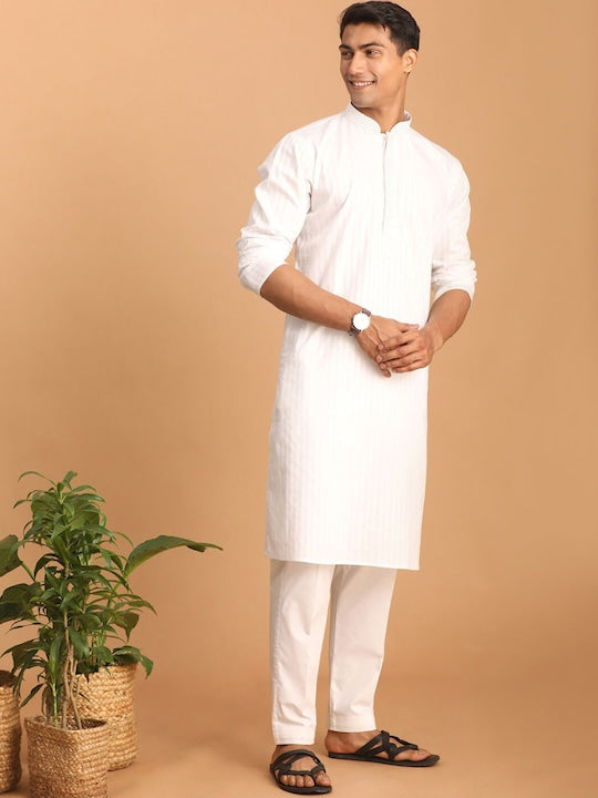 Vastramay Striped Thread Work Mandarin Collar Kurta with Pyjamas