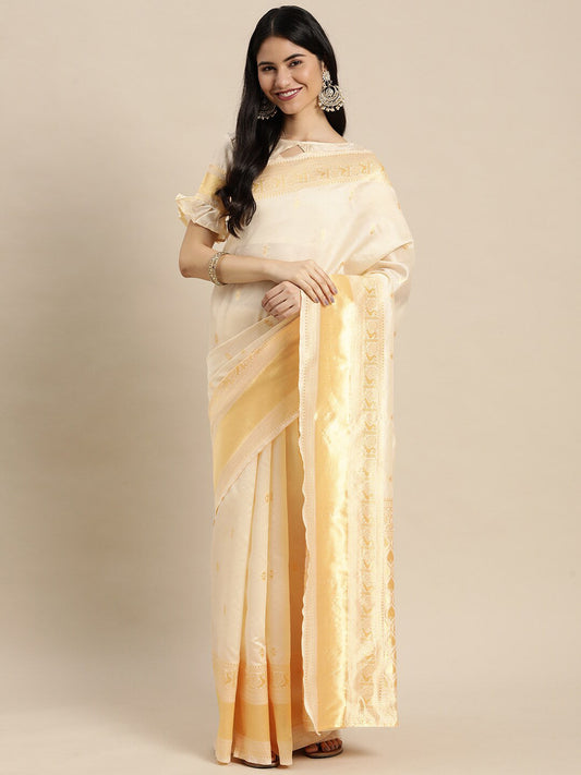 Satrani Women Off White & Gold-Toned Woven Design Zari Kasavu Saree
