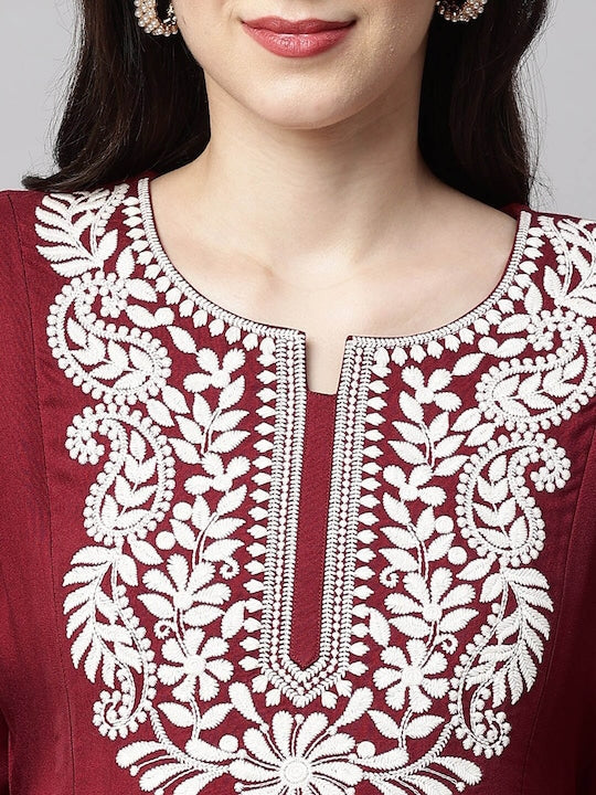 MomToBe Floral Embroidered Notched Neck Maternity A-Line Kurta