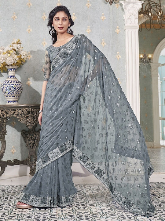 Satrani Grey Sequinned Embroidered Saree