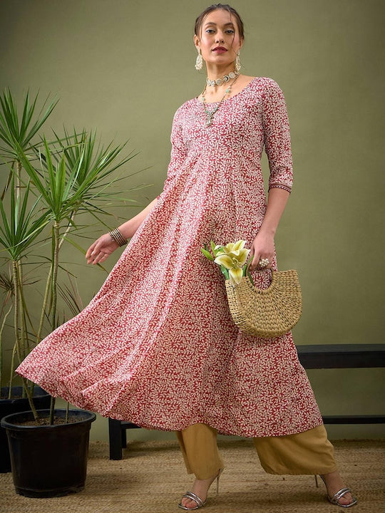 Shae by Sassafras Embroidered Flared Sleeves Round Neck Mirror Work Anarkali Kurta