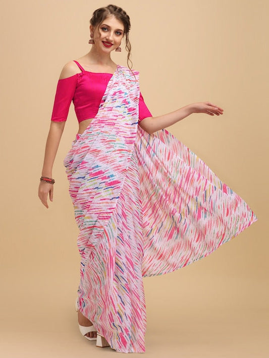Sangria White and Pink Abstract Printed Saree