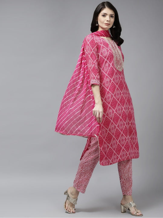 Yufta Women Bandhani Printed Zari Work Pure Cotton Kurta With Trousers & Dupatta - XXL