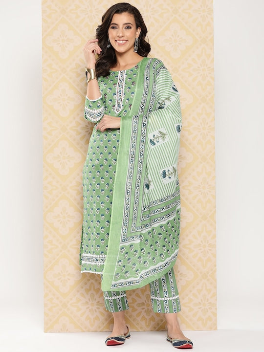 Yufta Women Floral Printed Regular Pure Cotton Kurta with Trousers & With Dupatta
