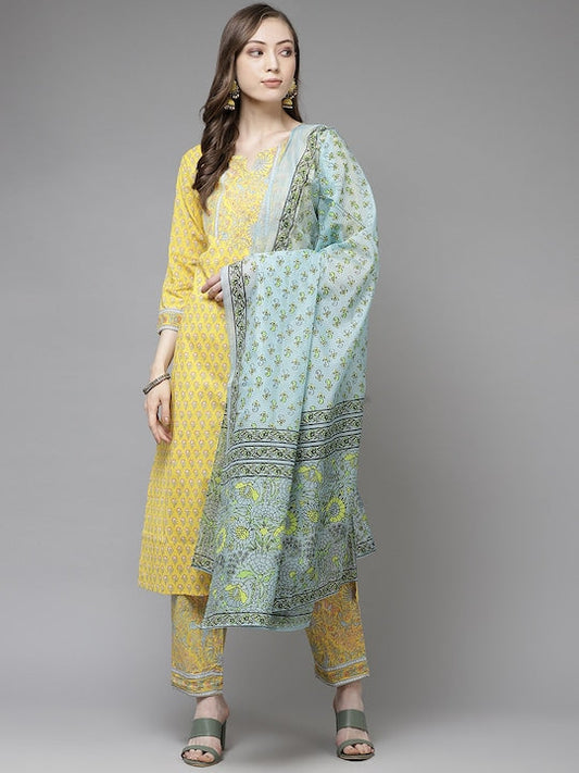 Yufta Women Yellow & Green Block Printed Pure Cotton Kurta with Trousers & Dupatta