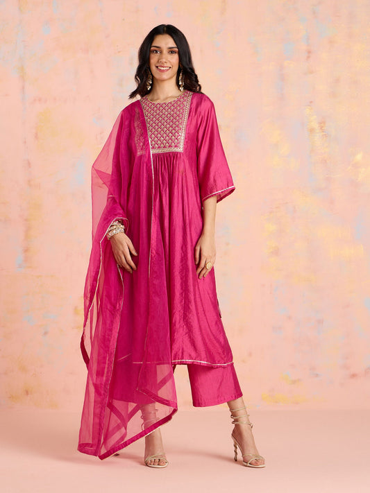 Likha Pink Garden Groove Chanderi Embroidered Kurta Pant & Dupatta LIKSKD303 (Set of 3)