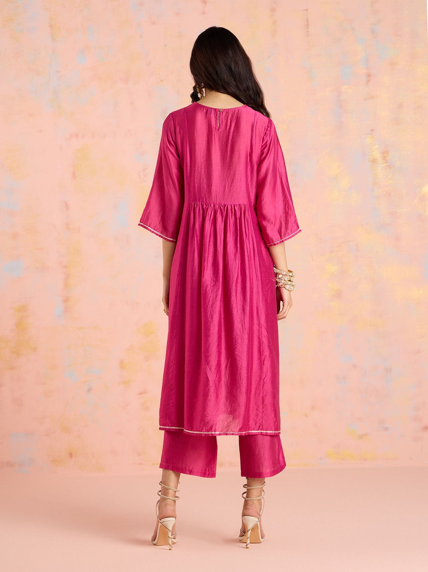 Likha Pink Garden Groove Chanderi Embroidered Kurta Pant & Dupatta LIKSKD303 (Set of 3)