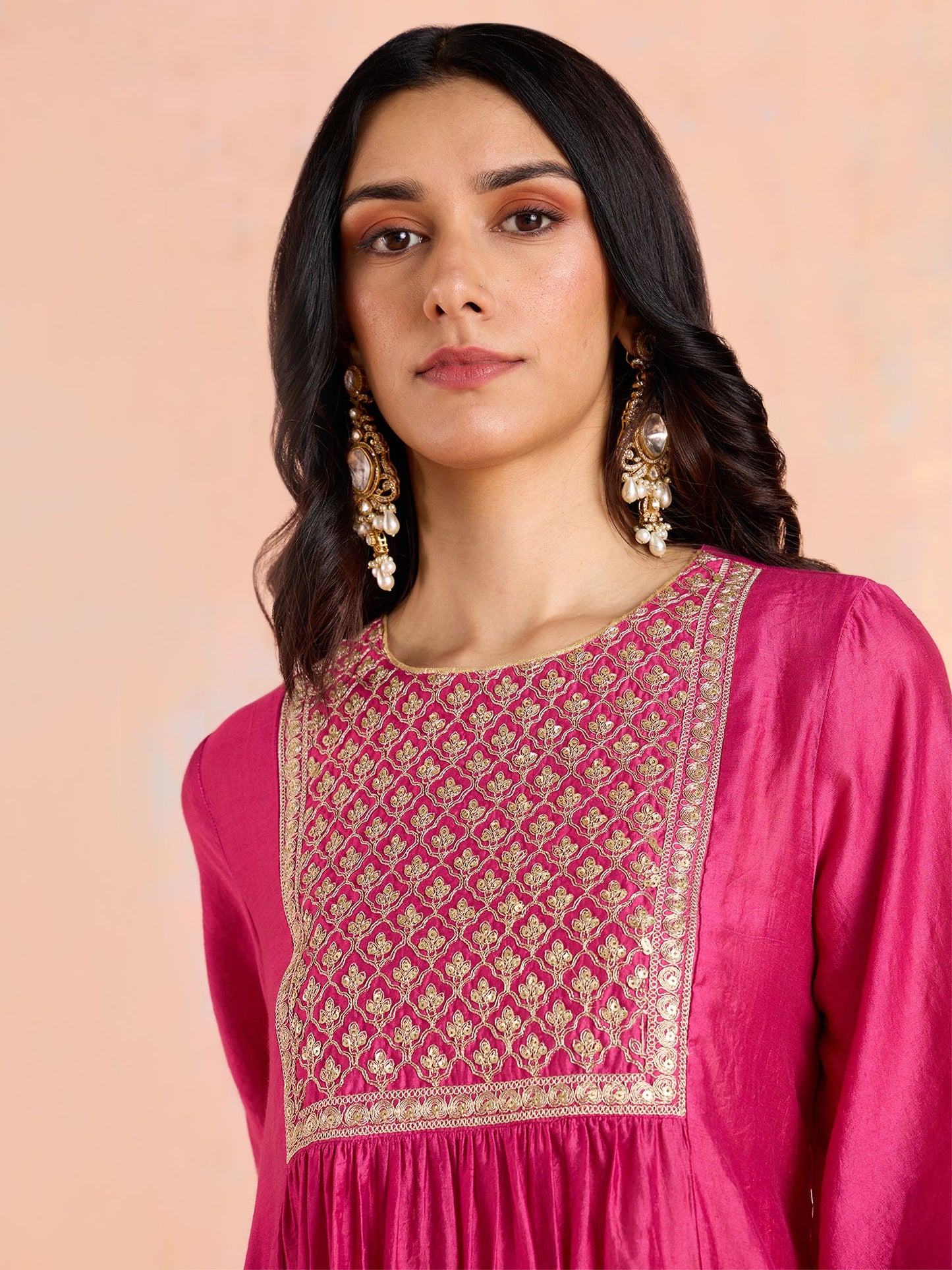 Likha Pink Garden Groove Chanderi Embroidered Kurta Pant & Dupatta LIKSKD303 (Set of 3)