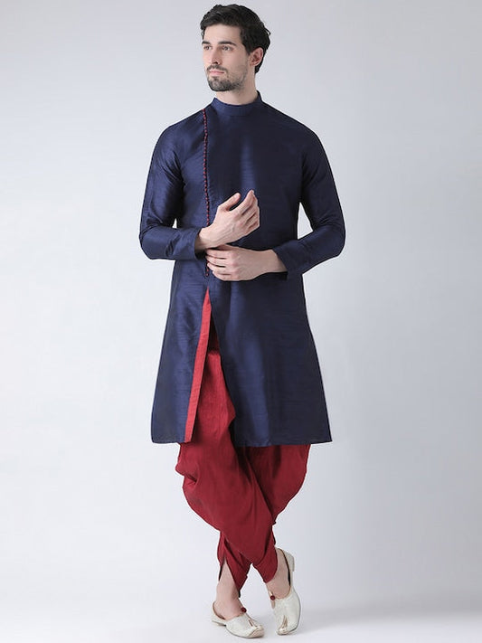 Deyann Men Navy Blue & Maroon Solid Straight Kurta