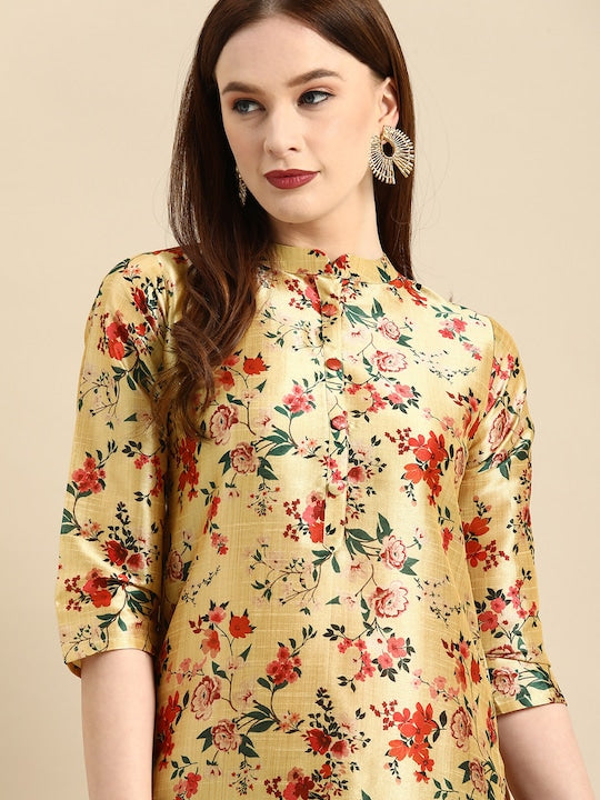 All about you Women Mustard Yellow & Red Floral Print Chanderi Silk Blend Straight Kurta