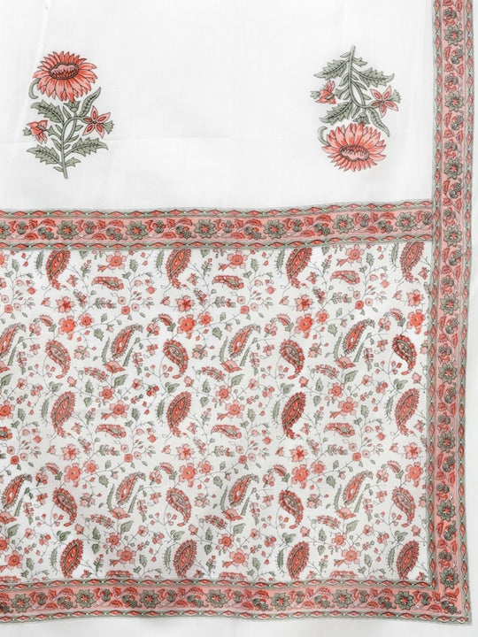 Yufta Women White Floral Printed Regular Pure Cotton Kurta with Trousers & With Dupatta