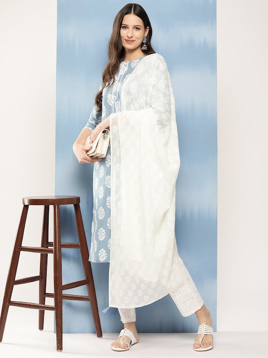 Yufta Women Blue Ethnic Motifs Printed Regular Thread Work Pure Cotton Kurta with Palazzos & With Dupatta