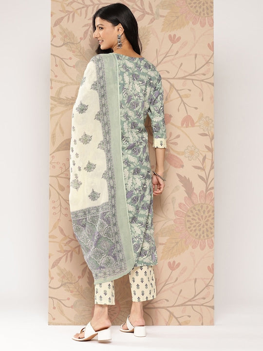 Yufta Women Floral Printed Regular Pure Cotton Kurta with Trousers & With Dupatta -XXL