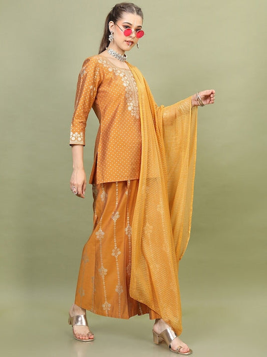 Vishudh Women Yellow Ethnic Motifs Yoke Design Kurti with Palazzos & Dupatta Set