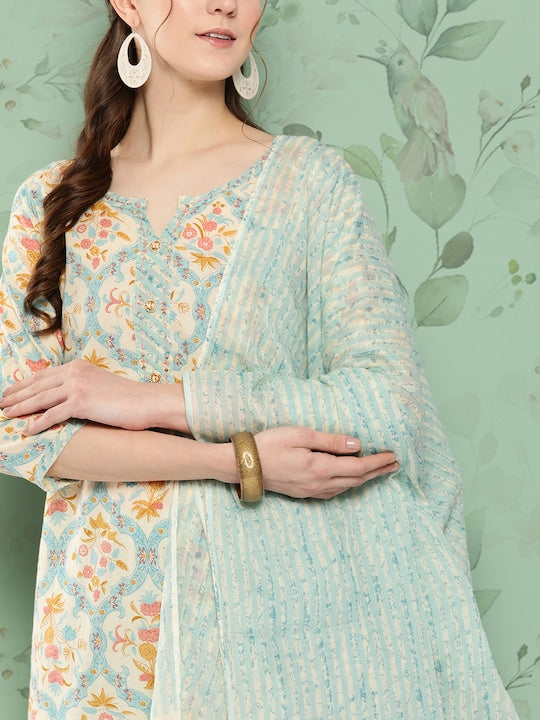 Yufta Floral Printed Sequinned Pure Cotton Kurta with Trousers & With Dupatta