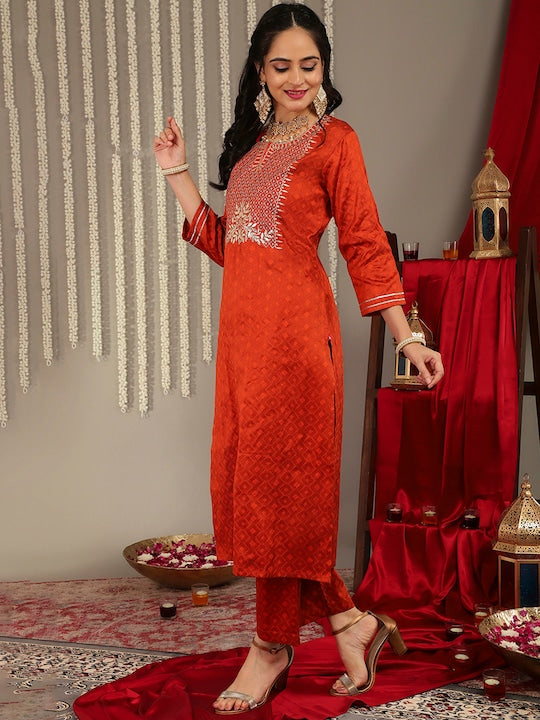 Varanga Women Rust Yoke Design Kurta with Trousers & With Dupatta