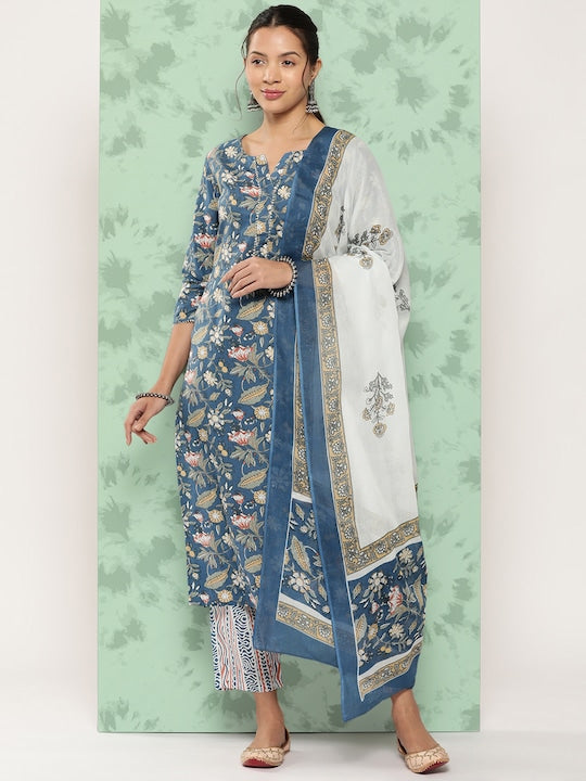 Yufta Ethnic Motifs Printed Gotta Patti Detail Cotton Kurta with Trousers & Dupatta
