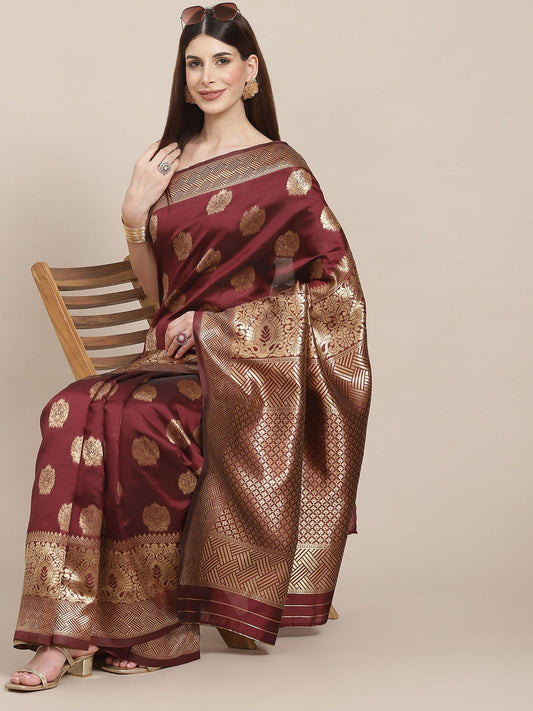 KSUT (House of Varanga) Maroon Woven Design Banarasi Silk Saree With Blouse Piece