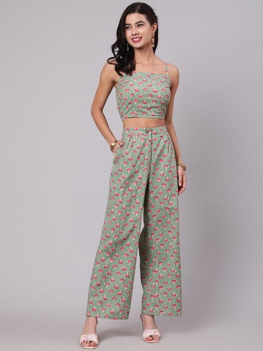 AKS Printed Pure Cotton Crop Top & Palazzos With Jacket