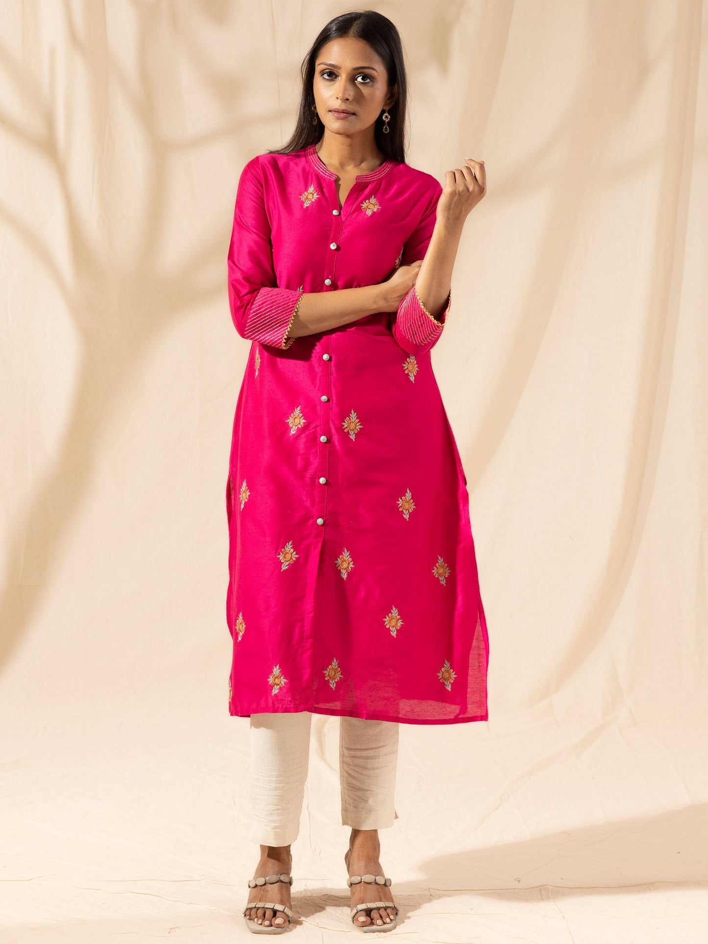 Likha Fuchsia All Over Embroidered Button Down Kurta LIKKUR02 - M