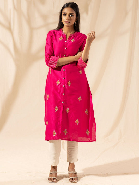 Likha Fuchsia All Over Embroidered Button Down Kurta LIKKUR02 - M