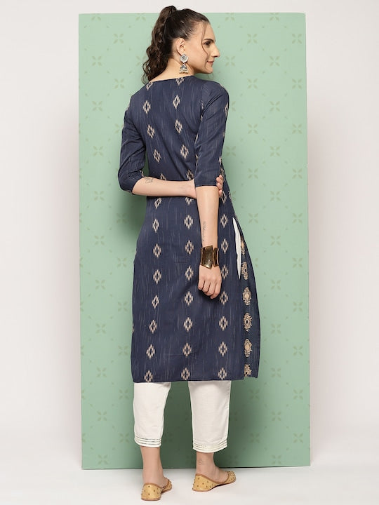 Yufta Woven Design Tie-Up Neck Pure Cotton Kurta