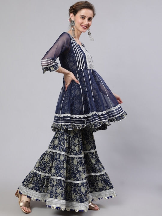 AKS Couture Floral Printed Square Neck Gotta Patti Pure Cotton Kurta with Sharara