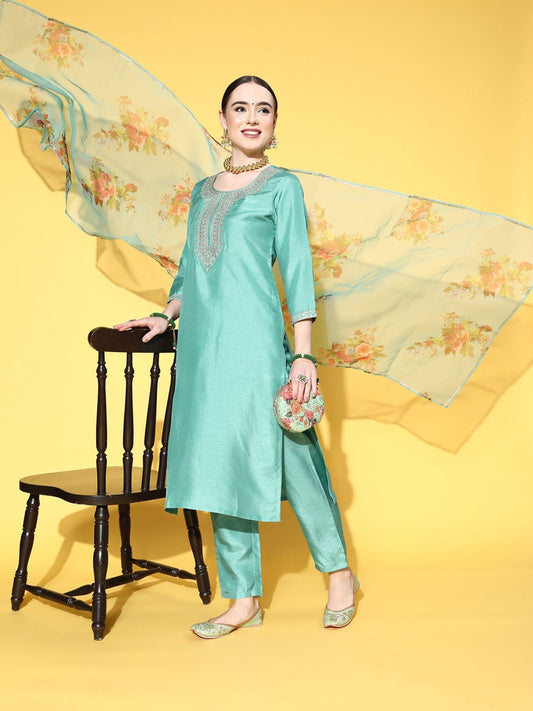 ISHIN Womens Green Yoke Design A-Line Kurta with Trouser & Dupatta (Set of 3)