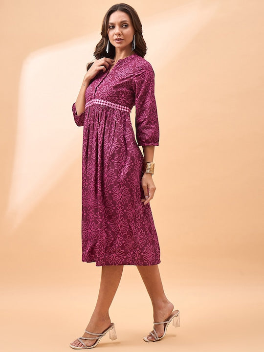 All about you Printed Mandarin Collar Mirror Work Fit & Flare Pure Cotton Midi Dress