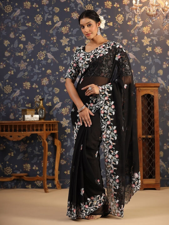 House of Pataudi Black & White Floral Embroidered Poly Georgette Saree