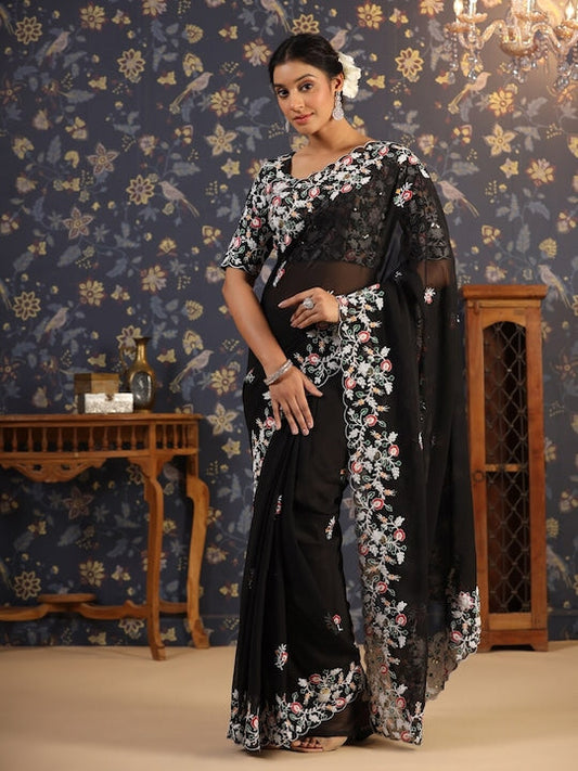 House of Pataudi Black & White Floral Embroidered Poly Georgette Saree