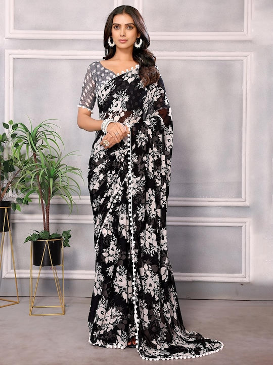 Here&now Black Floral Printed Pure Chiffon Saree