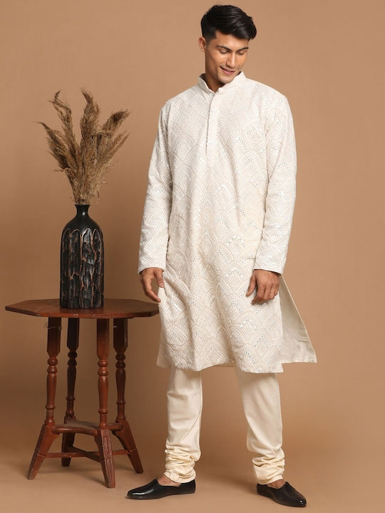 Vastramay Men Grey Ethnic Motifs Embroidered Mirror Work Georgette Kurta