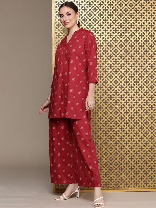House of Pataudi Women Jashn Floral Printed Pure Cotton Kurta With Palazzos