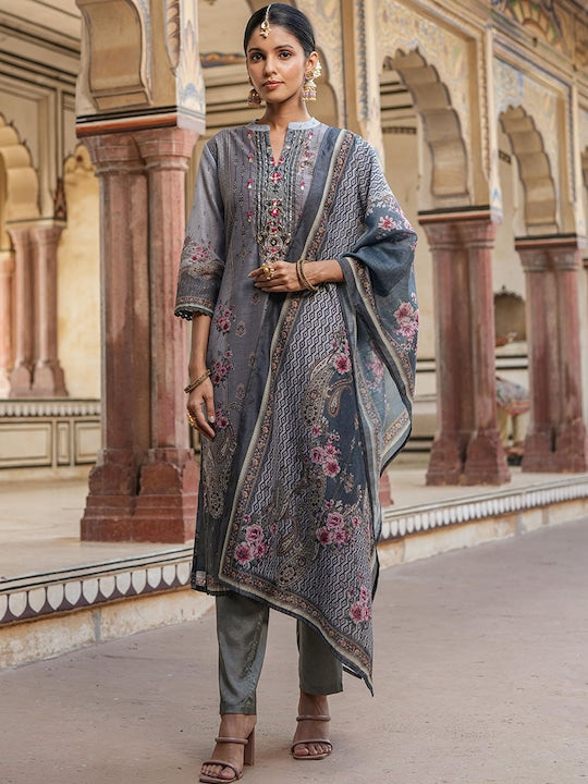 Scakhi Floral Printed Beads and Stones Chanderi Silk Kurta With Trousers & Dupatta