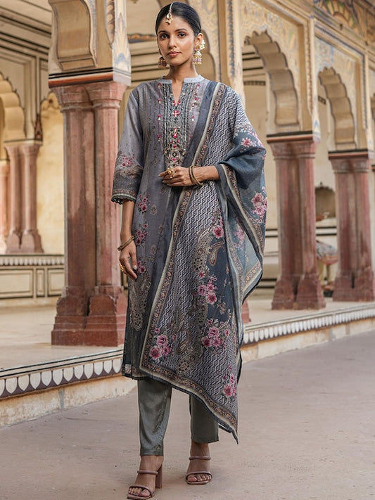 Scakhi Floral Printed Beads and Stones Chanderi Silk Kurta With Trousers & Dupatta