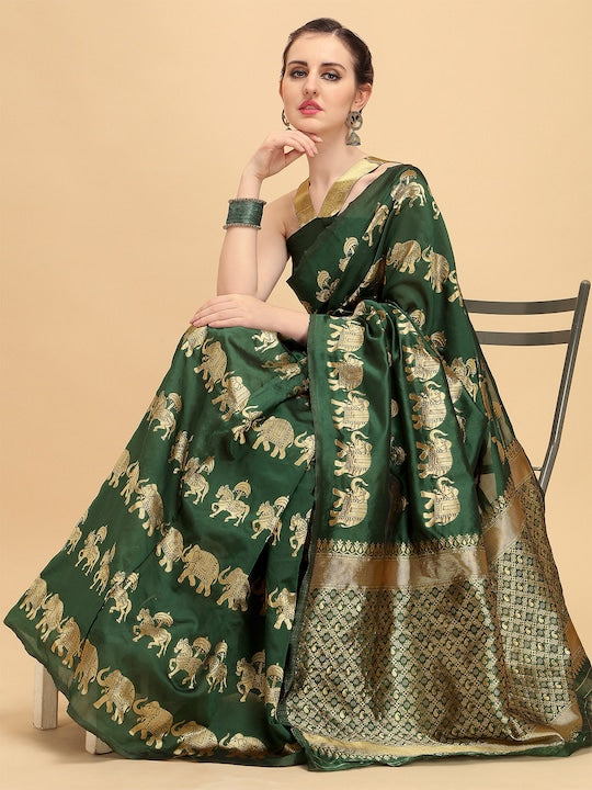 Sangria Green & Golden Ethnic Motifs Zari Silk Blend Heavy Work Banarasi Saree