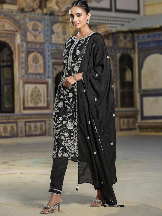 Scakhi Floral Embroidered Chikankari Straight Kurta With Trousers & Dupatta