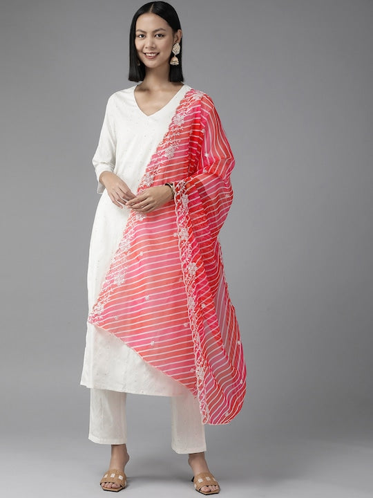 Yufta Women White Sequinned Kurta with Trousers & With Dupatta