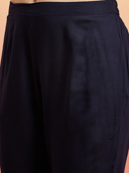 Sangria Navy Blue Floral Printed Mirror Work Straight Kurta With Trouser & Dupatta