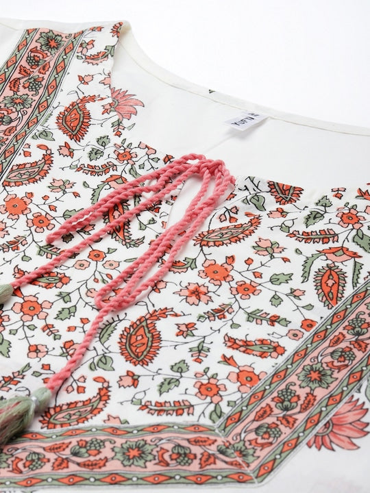 Yufta Women White Floral Printed Regular Pure Cotton Kurta with Trousers & With Dupatta