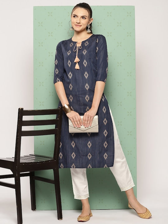 Yufta Woven Design Tie-Up Neck Pure Cotton Kurta