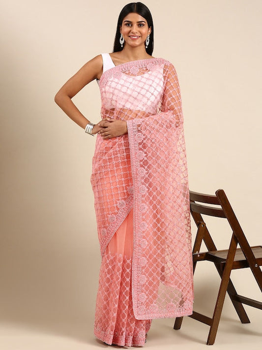 Kasee Checked Embroidered Net Saree