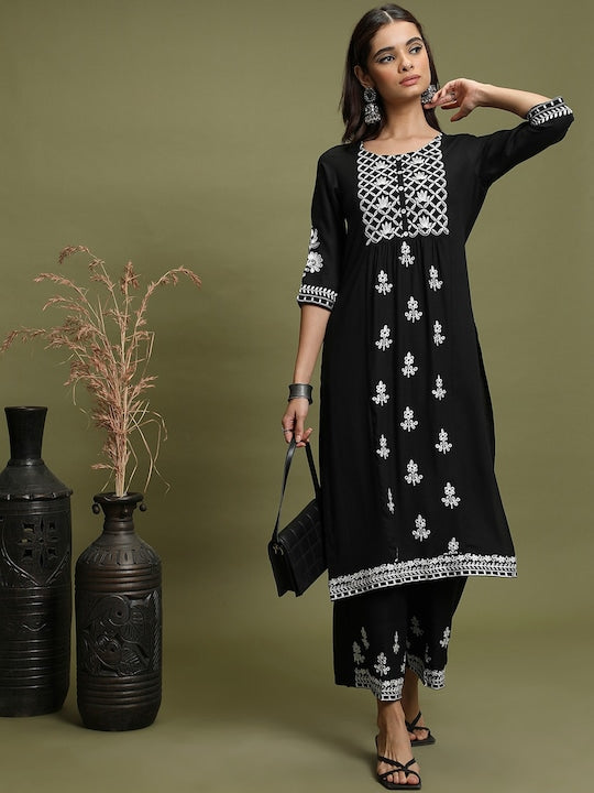 Vishudh Black Ethnic Motifs Embroidered Regular Kurta With Palazzos