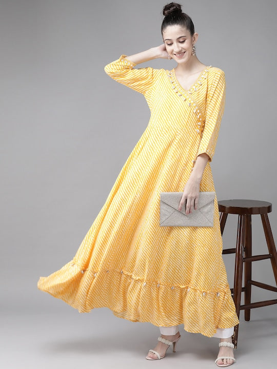 Yufta Women Yellow & White Leheriya Printed Kurta With Coffee Bean Shell Detail
