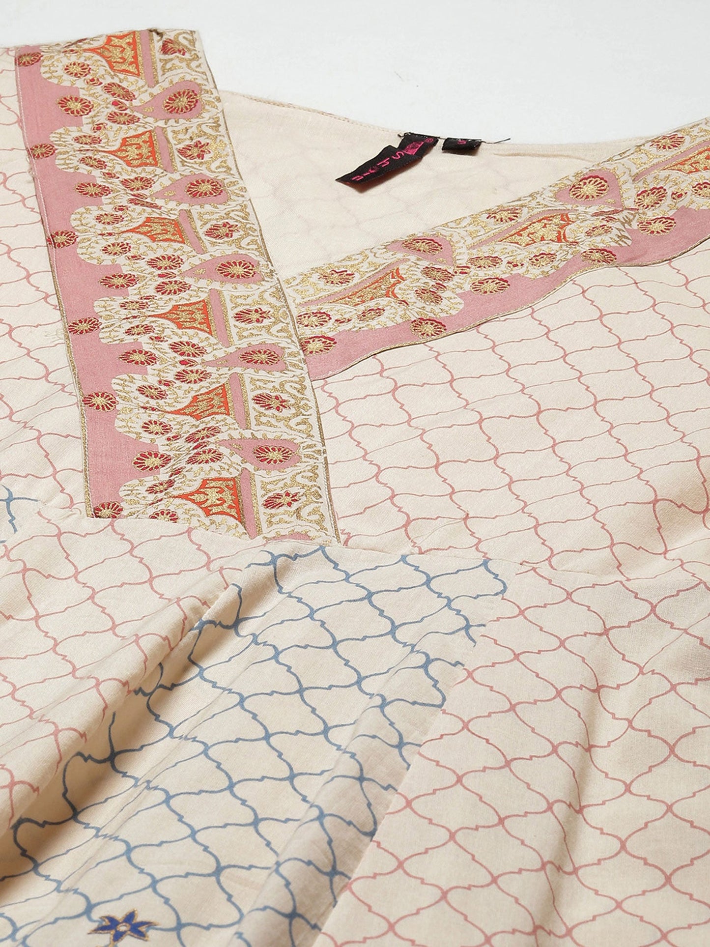 ISHIN womens Cotton Beige Foil Printed Anarkali Kurta With Dupatta (Set of 2)