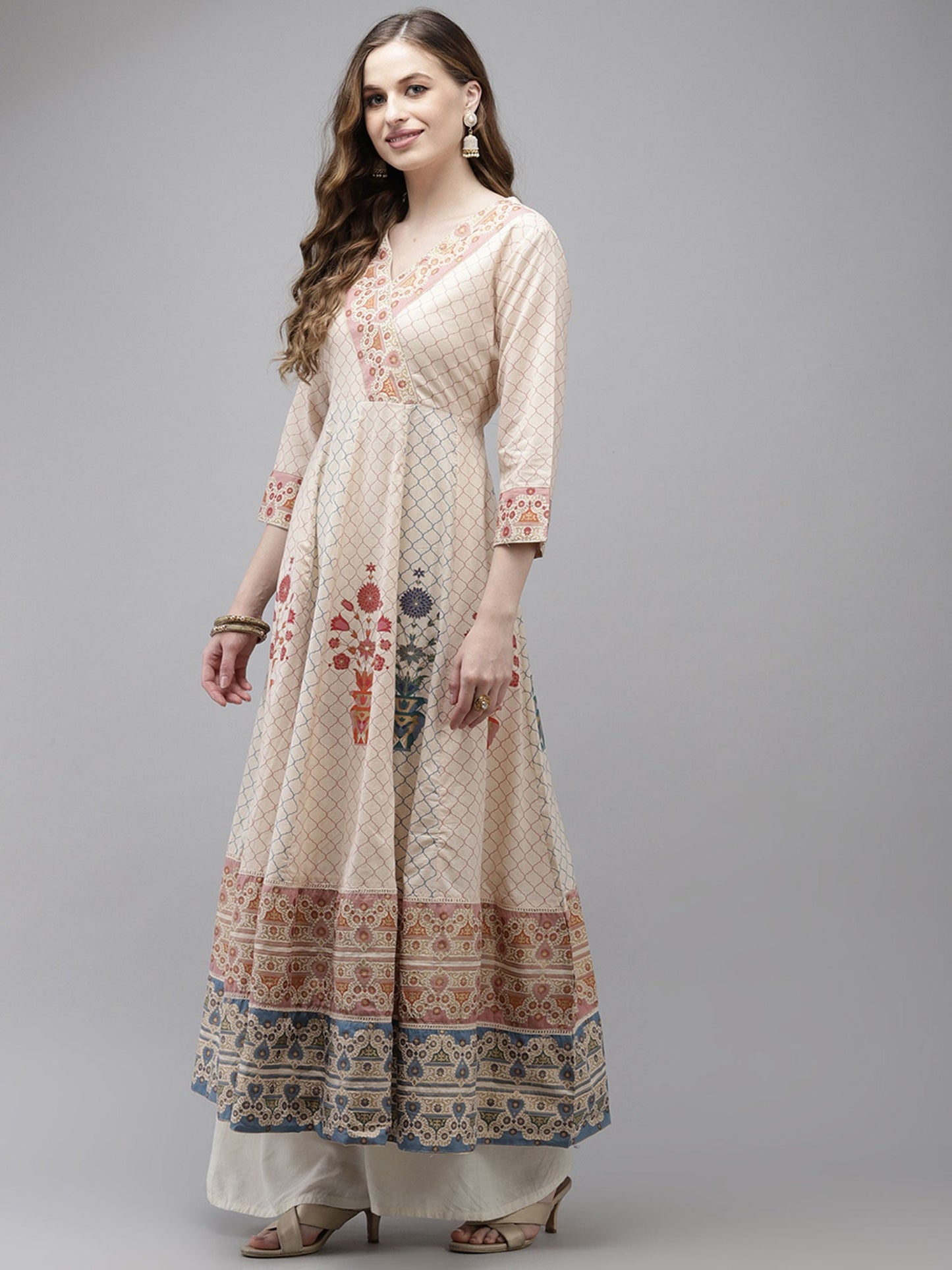 ISHIN womens Cotton Beige Foil Printed Anarkali Kurta With Dupatta (Set of 2)