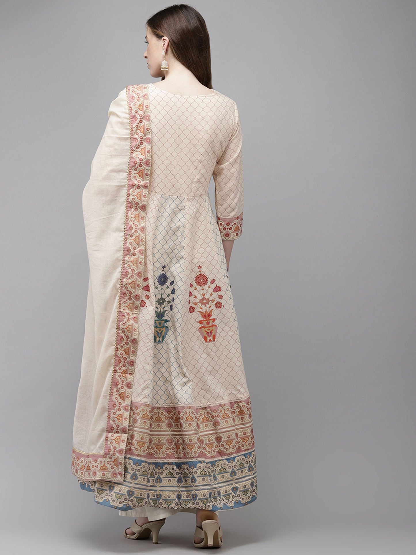 ISHIN womens Cotton Beige Foil Printed Anarkali Kurta With Dupatta (Set of 2)